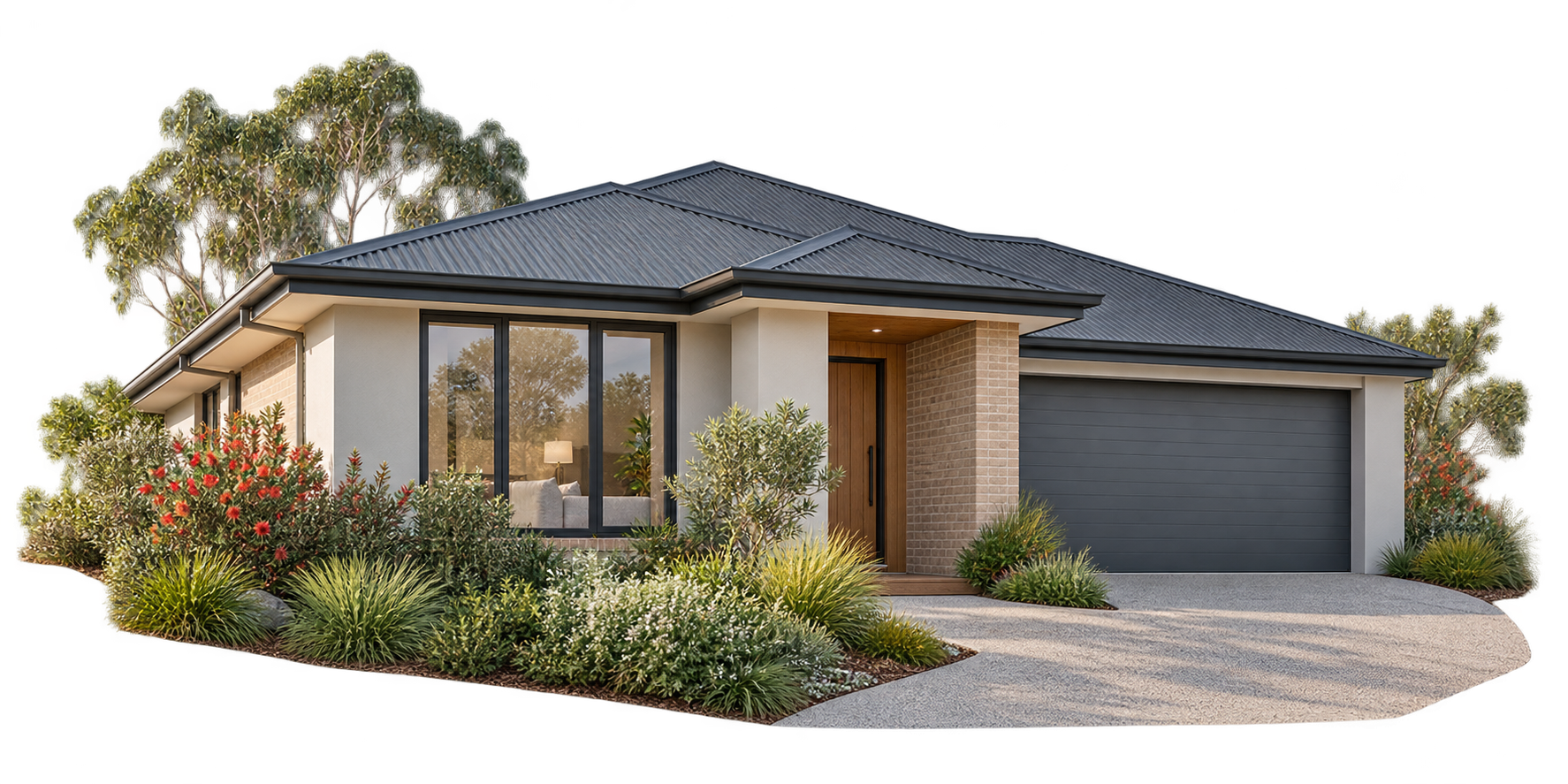 A contemporary Australian home surrounded by native landscaping